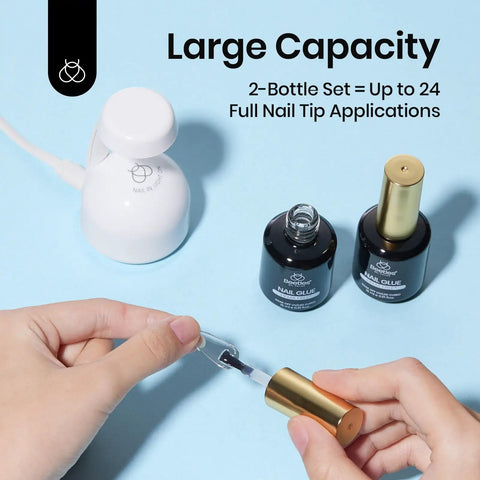 Applying 9 In 1 HEMA Free TPO Free Nail Glue Gel For Acrylic Tips and Clear Press On Nails with two black bottles and a UV lamp