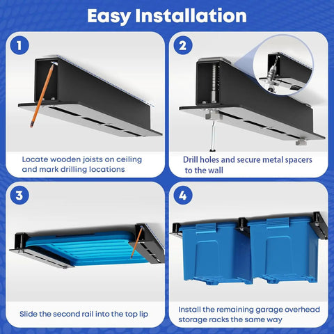 Installation steps for Overhead Garage Storage Rack System For Ceiling Mounted Storage, Heavy Duty Ceiling Rails For 27 Gallon Totes, Tote Storage Rack In Black, 6 Sets For 5 Bins.