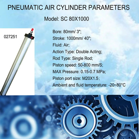 Heavy Duty Air Cylinder Pneumatic Buffer with 80mm bore and 1000mm stroke, showing specifications and gears background