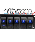 5-gang 12-24V LED Backlit Rocker Switch Panel Kit With Aluminum Dash Mount Prewired For Boats, Cars, UTVs, RVs, Marine, IP65 Waterproof On Off