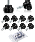Knurled Threaded Thumbscrews M4 X 10mm For Monitor Mounts Carbon Steel Black 10 Pack shown in packaging and individual pieces