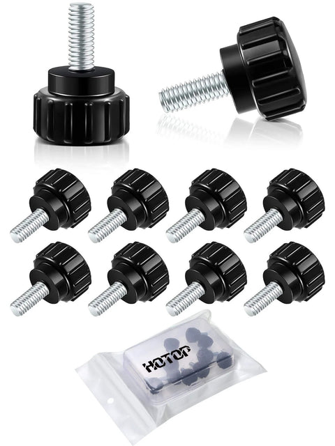Knurled Threaded Thumbscrews M4 X 10mm For Monitor Mounts Carbon Steel Black 10 Pack shown in packaging and individual pieces