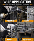 Pro Rivet Nut Tool Kit With M3 To M12 Mandrel Nosepiece Set in action on pneumatic, electric, and manual applications for metal.