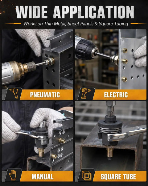 Pro Rivet Nut Tool Kit With M3 To M12 Mandrel Nosepiece Set in action on pneumatic, electric, and manual applications for metal.