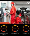 Technicians in red uniforms performing car quality tests in an auto repair shop, showcasing different testing criteria.