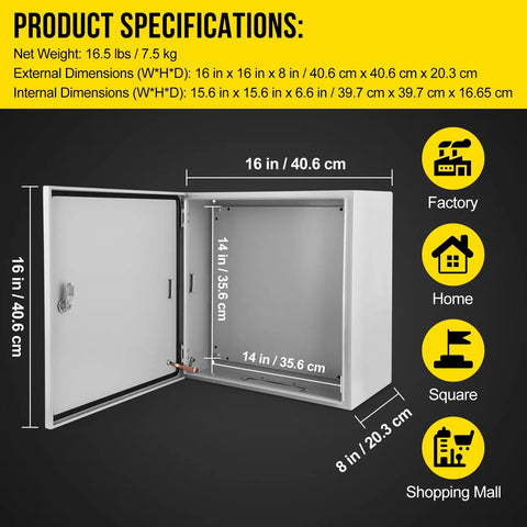 Tough As Nails 16 X 16 X 8 Inch Nema 4X Steel Electrical Box with IP66 Weatherproof Shield, open view with dimensions.
