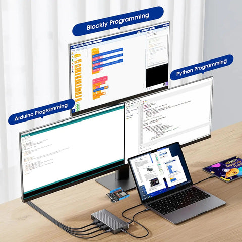3 monitors displaying Arduino, Blockly, Python programming interfaces with a laptop for 5DOF Smart Robot Arm And 4WD Remote Control Car Kit