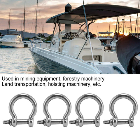 Top Shelf 4Pack 304 Stainless Steel Bow Shackles With Screw Pin D Anchor, heavy duty rigging hardware with boats in background.
