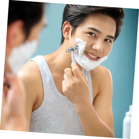 Man shaving with Long Handle Safety Razor for Men With Butterfly Open Design, Old School Vintage Style Beard Shaver and Facial Hair Remover