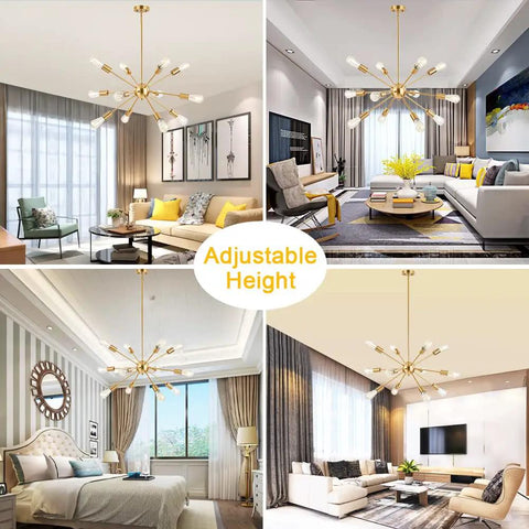 12 Light Brushed Brass Sputnik Chandelier For Modern Mid Century Kitchen Island And Dining Room Pendant Lighting Gold Ceiling Hanging Light Fixture Perfect For Living Room, Bedroom, Bar Or Commercial Spaces With Retro Starburst Vibe shown in modern living rooms and bedrooms