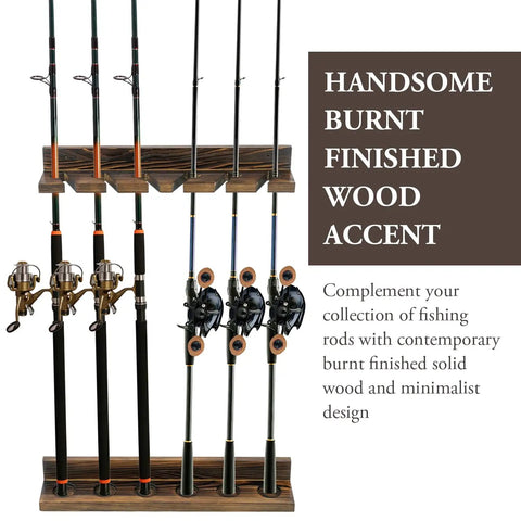 Wall Mounted Burnt Wood Fishing Rod Holder For Garage Adjustable Vertical Pole Rack That Holds Six Rods Rustic Fisherman Organizer