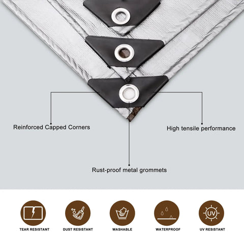Close-up of Heavy Duty Waterproof Tarp 10x12 Feet Ten Mil Poly Shelter with rust-proof grommets and reinforced corners for outdoor use