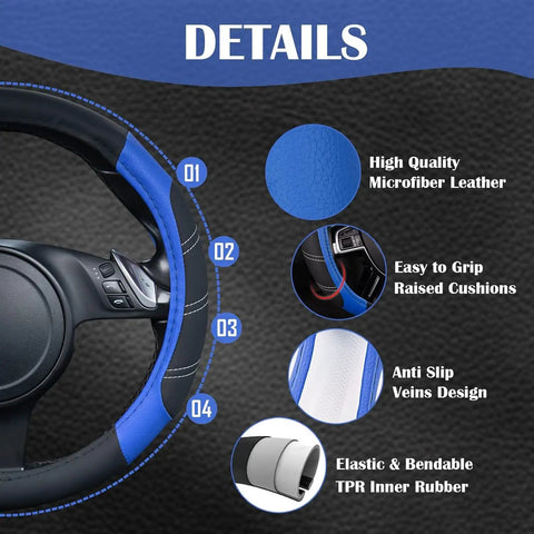 Slick Microfiber Leather Steering Wheel Cover Universal 14.5 To 15 Inch with raised cushions and TPR inner rubber design.