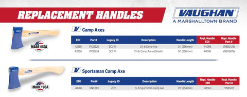 Product chart showing replacement handles for hand camp axe with hickory handle and sheath, USA made, lightweight, durable, rust resistant.