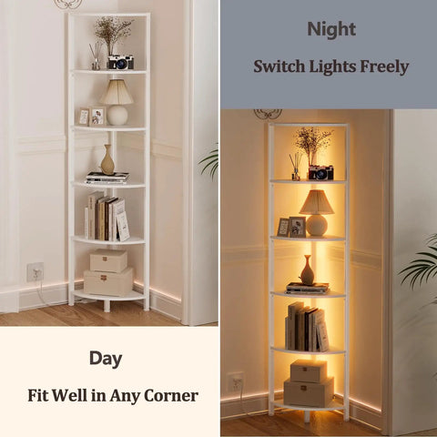 Six Tier Corner Shelf With LED Light, 67.5 Inch Tall White Narrow Bookshelf in living room, day and night view