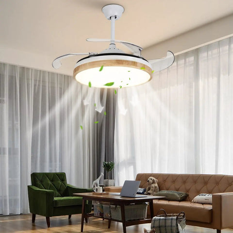 Ceiling Fan with Light 42 Inch Wireless Control Illuminated Fan for Living in modern living room with green chair and sofa.