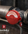 Red ABS Gate Valve Lockout, Heavy Duty Locking Device For 6.5 To 10 Inch Valve Handles installed on a pipe with safety lock