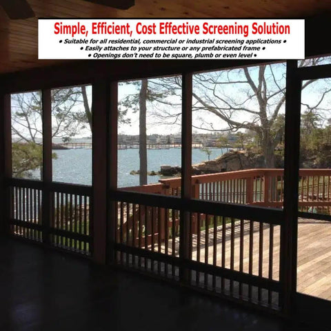 Aluminum Track Porch Screen Kit For DIY Screened In Porch And Patio Upgrade with installed screens overlooking water view.