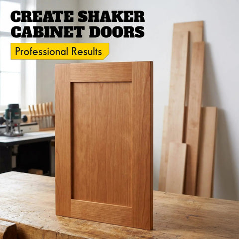 3 Piece Shaker Cabinet Door Router Bit Set With Height Matched Bits for shaker cabinet door on wooden workbench