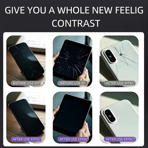 Phone Screen Scratch Remover Kit For Smartphones, Tablets And Smartwatches, Universal Repair Solution showing before and after effects.