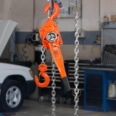 Orange 3 Ton Lever Chain Hoist 10 Ft Lift G80 Galvanized Carbon Steel Weston Double Pawl Brake hanging in garage