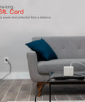 Six-Outlet Surge Protector Power Strip With Fifteen Foot Cord, 800 Joules Of Surge Protection, sofa setting, flat plug