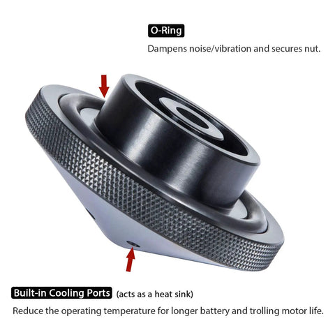 Close-up of Eliminator Trolling Motor Prop Nut for Minn Kota 35 to 70 lb models with heat sink cooling ports, showing O-ring detailing.