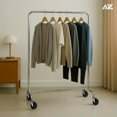Get Your Workshop Rolling With These Badass Locking Casters Engineered For Smooth Swivel Glide On Carts Furniture And Workbenches, featuring gray and black cardigans on a rolling rack.