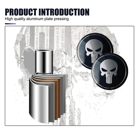 Badass American Flag Wheel Hub Cap Kit 4 Pack Slick Metal Center Hub Covers with skull design, aluminum material.
