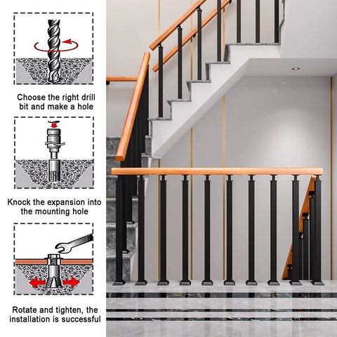 Installation steps for Rock Solid Wooden Stair Railing Heavy Duty Floor Mounted Handrail for Three To Four Steps.
