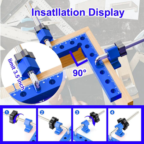 4 Piece 5.5 Inch Aluminum 90 Degree Corner Clamps For Woodworking Pro Grade CNC Machined Right Angle Clamps, Easy Install, Heavy Duty L Shaped Joint Tools For Wood Craft And Cabinet Making, blue corner clamp set on wood