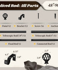 Components of Matte Black Adjustable Curtain Rod 48 To 90 Inches, including finials, brackets, and screws for installation.