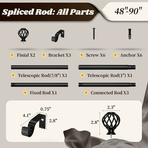 Components of Matte Black Adjustable Curtain Rod 48 To 90 Inches, including finials, brackets, and screws for installation.