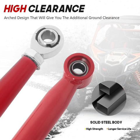 Rear Radius Rods for Maverick X3 64 Inch Body, Beefed-Up Steel With Heim Joints, Red Finish, Fits 2017-2021 X Turbo R, Turbo, MAX Turbo, MAX X DS Turbo Models, Upgraded Suspension Stability and Tire Clearance.