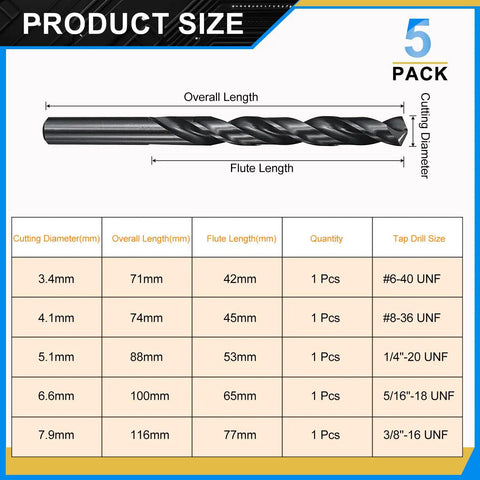 Tough 5 Piece Drill Bit Set With Sizes From 3.4mm To 7.9mm Made Of Top Tier M2 High Speed Steel For Drilling Metal Steel And Wood Smoothly Using Sharp Split Point Design And Durable Black Oxide Finish That Lasts Long. Product size chart with 5 drill bits