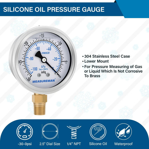 MeasureMan 2.5-inch HVAC compound gauge with stainless steel case, silicone oil-filled, 1/4 NPT lower mount