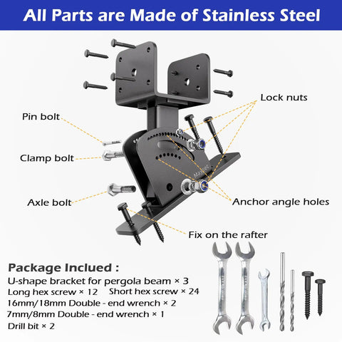 Beefy Heavy Duty Pergola Roof Riser Brackets Set Adjustable And Anchored Angle Brackets For Wood Patio Cover Gazebo Corrosion Resistant Stainless Steel With Black Powder Coating