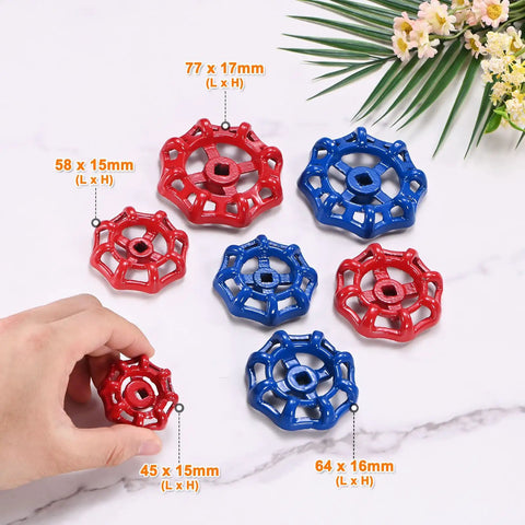 Heavy Duty Red Painted Cast Iron Outside Faucet Handle For 8x8mm Square Stem Spigot Valve Kit displayed with various sizes.