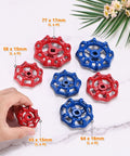 Tough As Nails Blue Cast Iron Outside Faucet Handle For 7X7MM Square Stem Spigot Tap set of red and blue handles on a marble surface.
