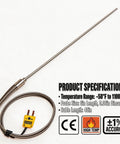 K-type thermocouple probe, 6in stainless steel rod with 40in braided cable and yellow inline readout