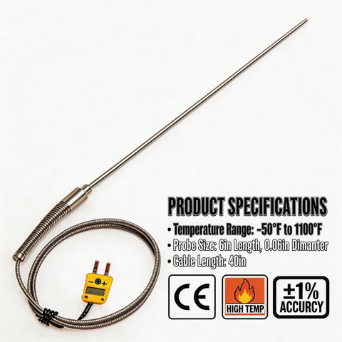K-type thermocouple probe, 6in stainless steel rod with 40in braided cable and yellow inline readout
