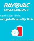 Rayovac High Energy AA Batteries 12 Pack Alkaline Double A For Long Lasting Power In High Drain Devices graphic with clock and battery icon