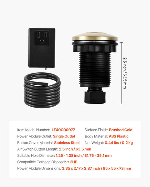 2.5 Inch Brushed Gold Stainless Steel Sink Top Air Switch Kit with black power module, air tube, and disposal button