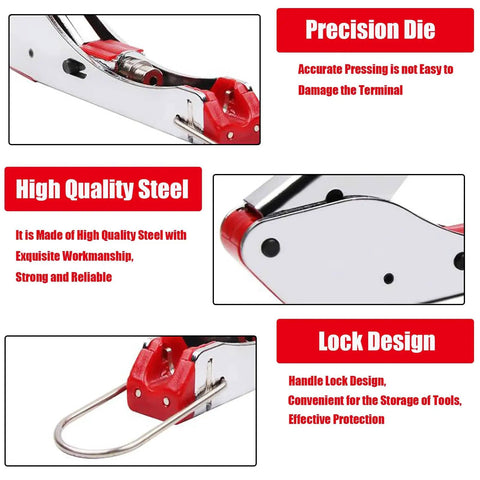 Close-up of 3 In 1 Coax Cable Crimping Tool Kit With 20 Pcs F Type RG59 RG6 Compression Connectors and Coaxial Cable Stripper showcasing precision die, high quality steel, and lock design features.