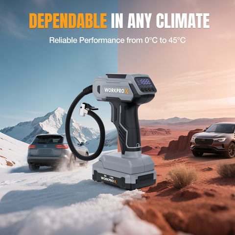Cordless Tire Inflator Portable Air Compressor With Digital Pressure Gauge 150 PSI depicted with cars in different climates