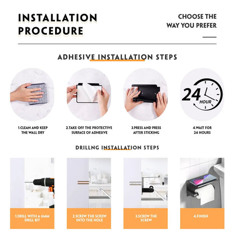 Installation procedure for Black Toilet Paper Holder With Shelf And Phone Shelf Self Adhesive No Drill Wall Mount Stainless Steel.