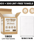 Box of Prep Wipe White Lint Free Cleaning Towels 300 Sheets 10 by 14 Inches and a single sheet, showcasing size and features.