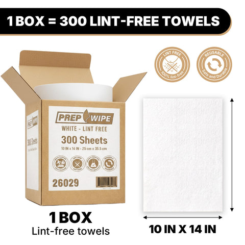 Box of Prep Wipe White Lint Free Cleaning Towels 300 Sheets 10 by 14 Inches and a single sheet, showcasing size and features.