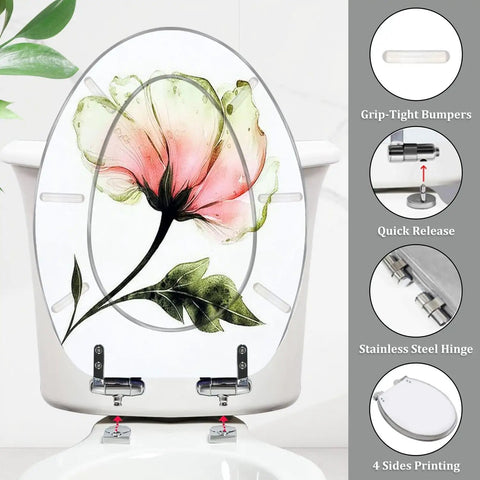 Elongated Toilet Seat Resin Quiet Close for Bathroom with floral design, grip-tight bumpers, and stainless steel hinges.