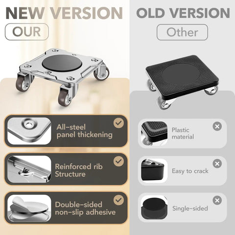 Comparison of new all-steel heavy duty furniture movers with 5 wheels and old plastic version, highlighting improved features.